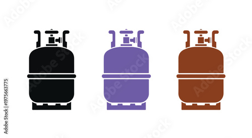 Set of three stylized gas cylinders in black, purple, and brown, representing different fuel options or storage tanks