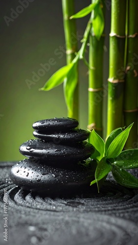 A serene arrangement of wet black stones and green bamboo