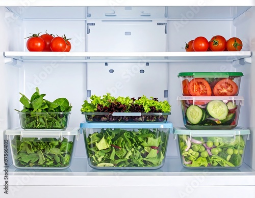 A refrigerator interior with various leafy greens and tomatoes stored