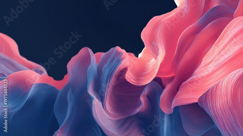 Abstract flowing digital art with pink and blue hues reminiscent of fabric or liquid forms in soft dramatic lighting against a dark background