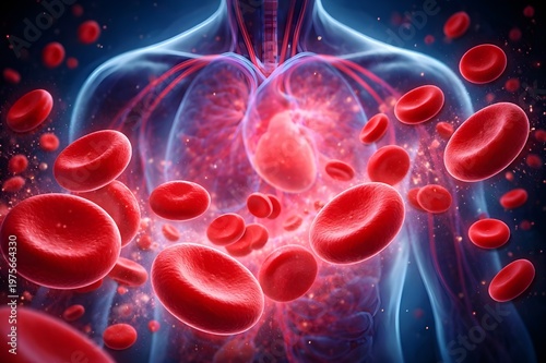 Human Circulatory System with Red Blood Cells Flowing Through Arteries - 3D Medical Illustration of Heart and Lungs