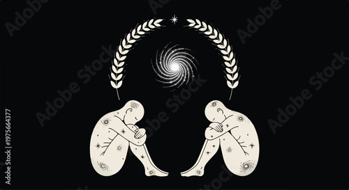 Two stylized human figures contemplating a swirling galaxy under a laurel wreath, symbolizing connection