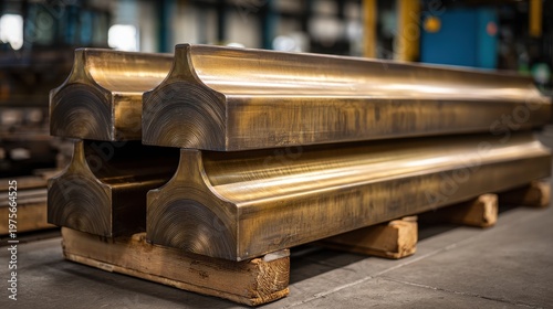Stacked golden metal beams with unique carved profiles resting on wooden pallets inside a brightly lit industrial workshop with a blurred background showing manufacturing equipment