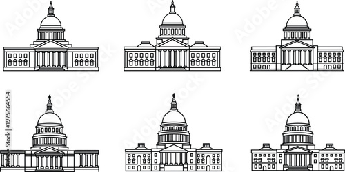 Capitol building outline icon set vector with government architecture, parliament landmarks, and classical dome structures in minimal style