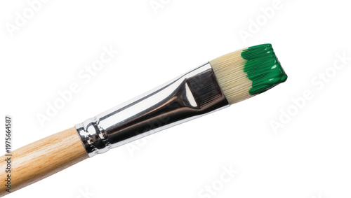 Flat paintbrush with green paint on bristles, isolated on transparent background
