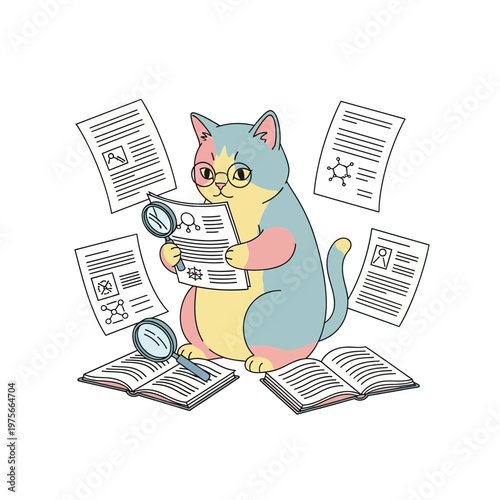 Cartoon Illustration of Cat Reading a Newspaper