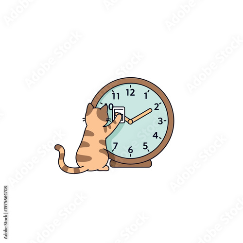 Illustration of cute kitty icon.
Funny cat in daily activities elements.
Cat is bring an alarm clock