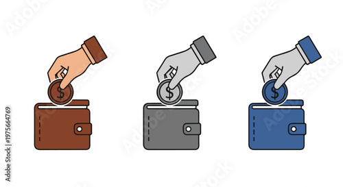 Hands depositing coins into different colored wallets, representing saving money and financial planning concepts