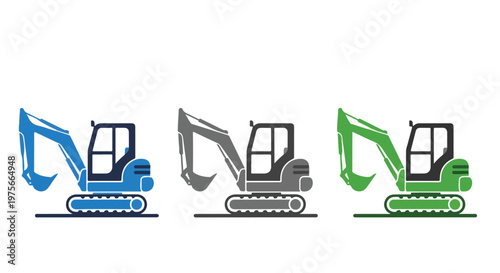 Three colorful compact excavators lined up side by side, showcasing blue, gray, and green construction machinery