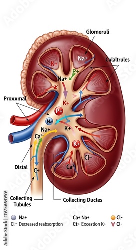 Anatomical illustration of a human kidney showing nephron structure and ion transport.