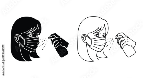 Person wearing a face mask being sprayed with sanitizer, depicted in both solid black and outline styles