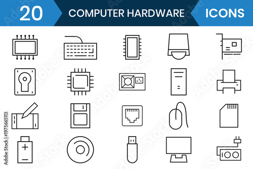 Computer hardware and components icon vector set. Computer hardware line icon such as computer, network, website, server, web design, hardware, software. Vector illustration.