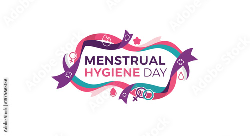 Menstrual Hygiene Day awareness graphic with symbols of feminine care and health awareness