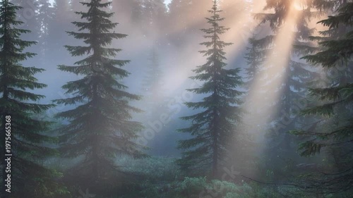 Sunbeams shining through mist in a coniferous forest, ethereal light filtering through tall pine trees in a serene morning woodland landscape.
