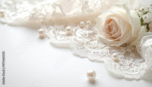 Classic Vintage Romantic Scene with Lace Texture and Pearl Decor on Clean White Background for Timeless Invitation and Celebration Templates
