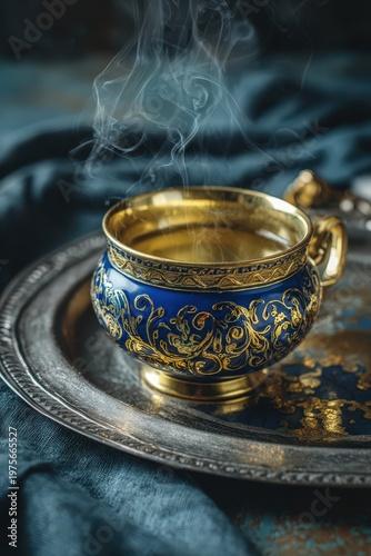 Antique Gold and Blue Porcelain Teacup Filled with Warm Liquid Emitting Wisps of Steam on a Tarnished Silver Tray with Deep Blue Fabric Background