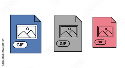 Three different file format icons representing the GIF image file type with a mountain landscape inside