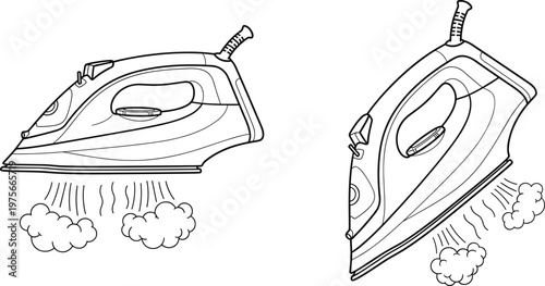 Electric steam iron vector illustration set with household appliance, ironing process, and hot steam cleaning in line art style