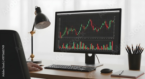 A person views a colorful graph on a computer monitor on a desk.