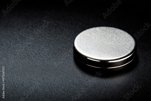 Circular silver metallic container with textured lid resting on a dark textured surface with dramatic side lighting casting subtle shadows and highlighting the reflective surface
