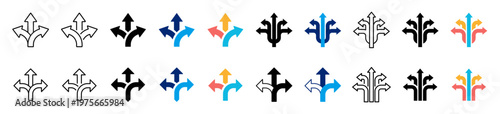 Multi direction arrows icon collection. Minimalist split multiple paths, symbols, growth, choices, colorful wayfinding, decision making, and alternative route icons. Vector transparent and PNG