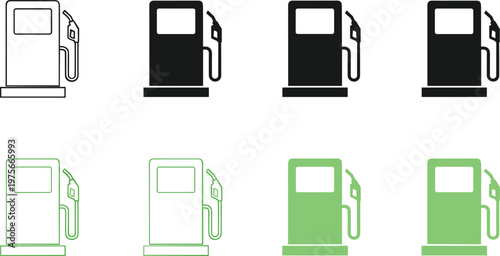 Fuel pump icon set vector with gasoline station symbols in outline and solid styles for transportation and energy design