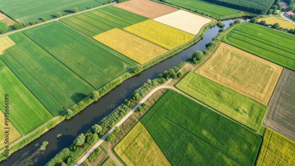 Fototapeta premium Aerial view of agricultural fields and a river, showing patchwork farmland and natural rural landscape from above for agriculture and environment themes.