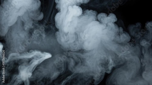 Thick white smoke swirling against a solid black background, abstract gaseous texture and flowing atmospheric vapor overlay.