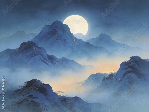 Serene Moonlight Illuminating Misty Mountains, a Tranquil Evening Landscape Painting