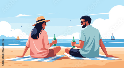 Relaxed couple sitting on blankets at the beach while enjoying cold beers and looking at the calm ocean on a sunny summer day.