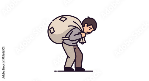 Cartoon man carrying heavy coin, financial burden, money weight, stress
