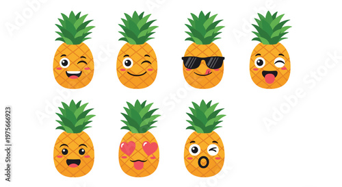 Collection of cute pineapple characters with different facial expressions including winking, cool, and heart eyes.