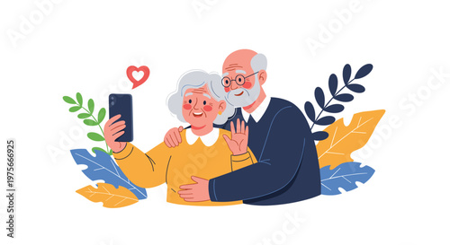 Happy senior couple taking a selfie together on a smartphone with a heart icon and tropical leaves in the background.