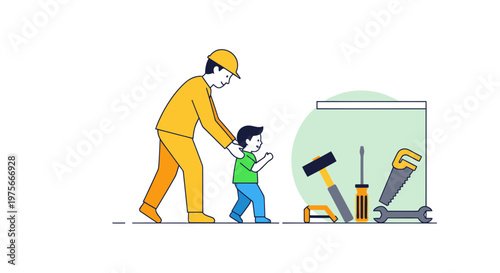 Father and son, handyman tools, construction icons, family teamwork, yellow hard hat