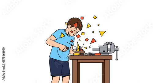 Boy, frustrated child, working on machine, colorful shapes flying around