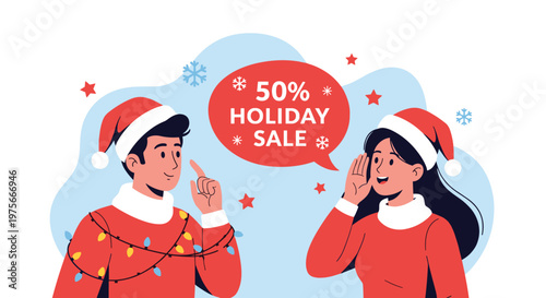 Festive holiday sale advertisement featuring a man and woman in santa costumes with a fifty percent discount speech bubble.