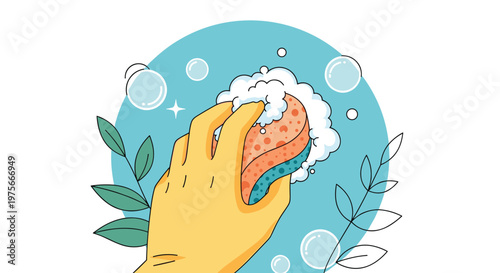 Hand holding a soapy cleaning sponge with bubbles and green leaves against a blue circle background for hygiene.