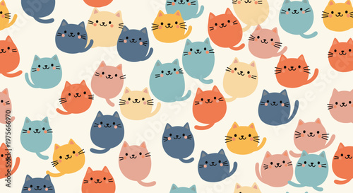 Adorable and seamless pattern featuring numerous cute and colorful round cat characters on a light cream background.