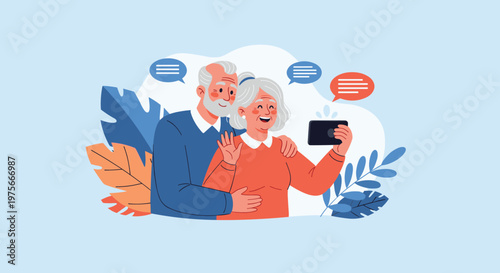 Loving senior couple having a happy video call on a tablet with speech bubbles and autumn leaves in the background.