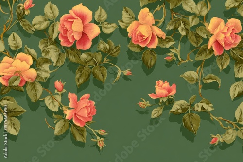 Vintage Peach and Orange Roses with Deep Green Leaves Delicate Floral Pattern on a Textured Forest Green Background with Subtle Shadow Play