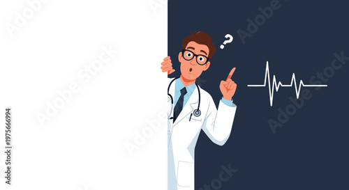 Surprised male doctor in white lab coat with stethoscope peeking around a large blank white board for your message.