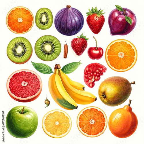 A vibrant collection of various whole and halved fruits on white background