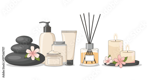 Professional spa treatment set featuring massage stones, essential oil diffuser, scented candles, and organic skin care lotions with pink flowers.