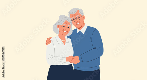 Happy senior couple embracing and holding hands while smiling at the camera, expressing love and togetherness in their golden years.