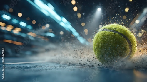 Close up of a vibrant green tennis ball mid-game on a court with sparkling glitter and dynamic motion blur under stadium lights creating an energetic atmosphere