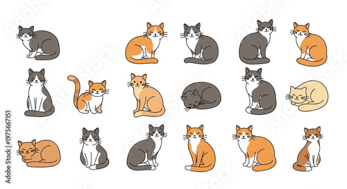 Large collection of diverse domestic cats in various colors and poses including sitting, sleeping, and playing for use in animal related designs.
