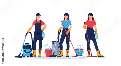 Professional cleaning service team consisting of three women with vacuum cleaners, mops, buckets, and spray bottles ready for domestic housework.