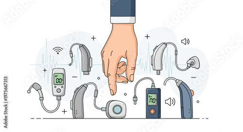 Collection of modern hearing aids and auditory assistance devices with a hand pointing to one, highlighting hearing healthcare technology.