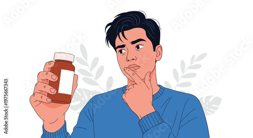 Young man in a blue sweater holding a brown pill bottle and looking at it with a thoughtful and concerned facial expression in the mirror now.