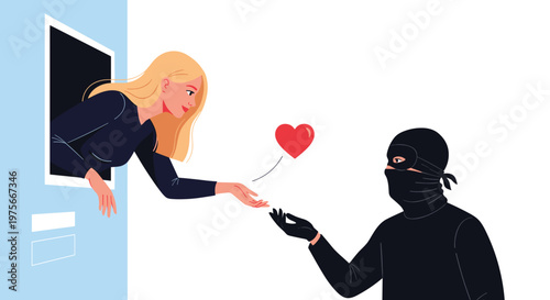 Dramatic illustration of a woman leaning out of a digital window to hand a heart to a thief dressed in black and wearing a mask at night.
